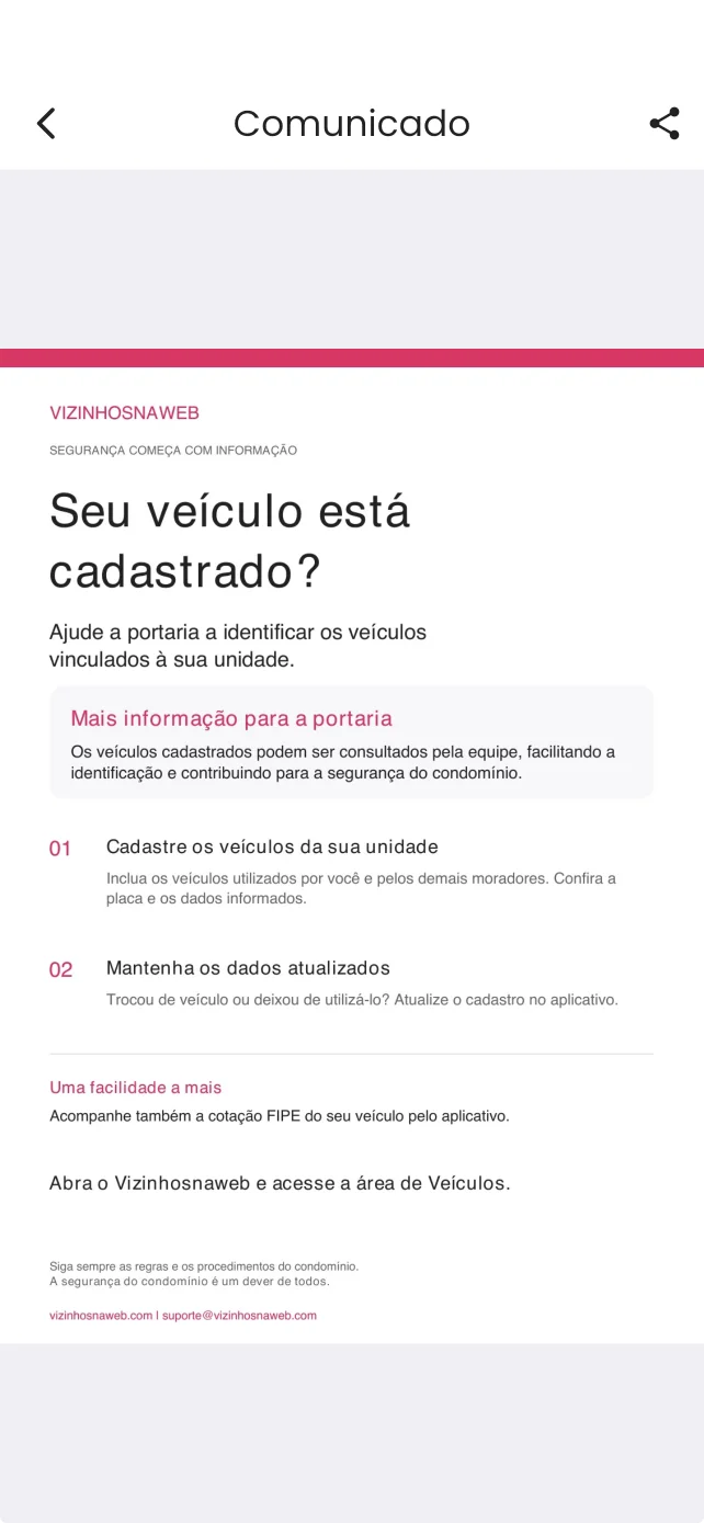 Comunicado visual convidando moradores a cadastrar seus veículos