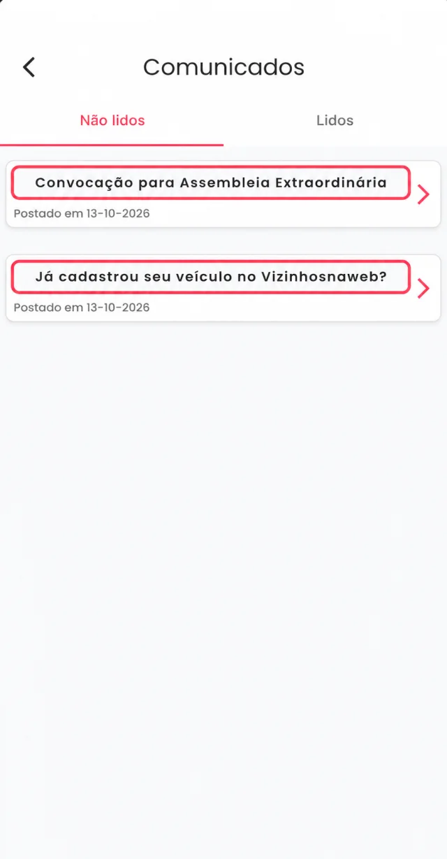 Lista de comunicados não lidos no Vizinhosnaweb