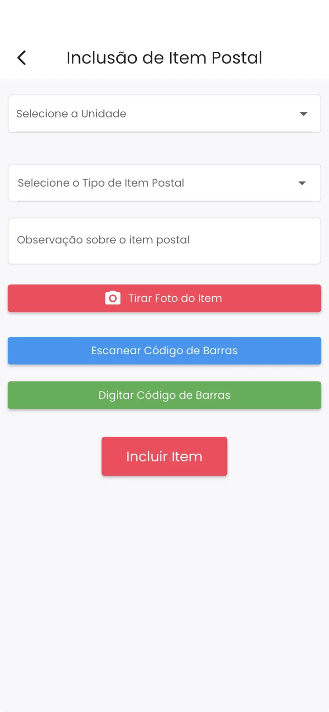 Tela atualizada de inclusão de item postal no aplicativo Vizinhosnaweb