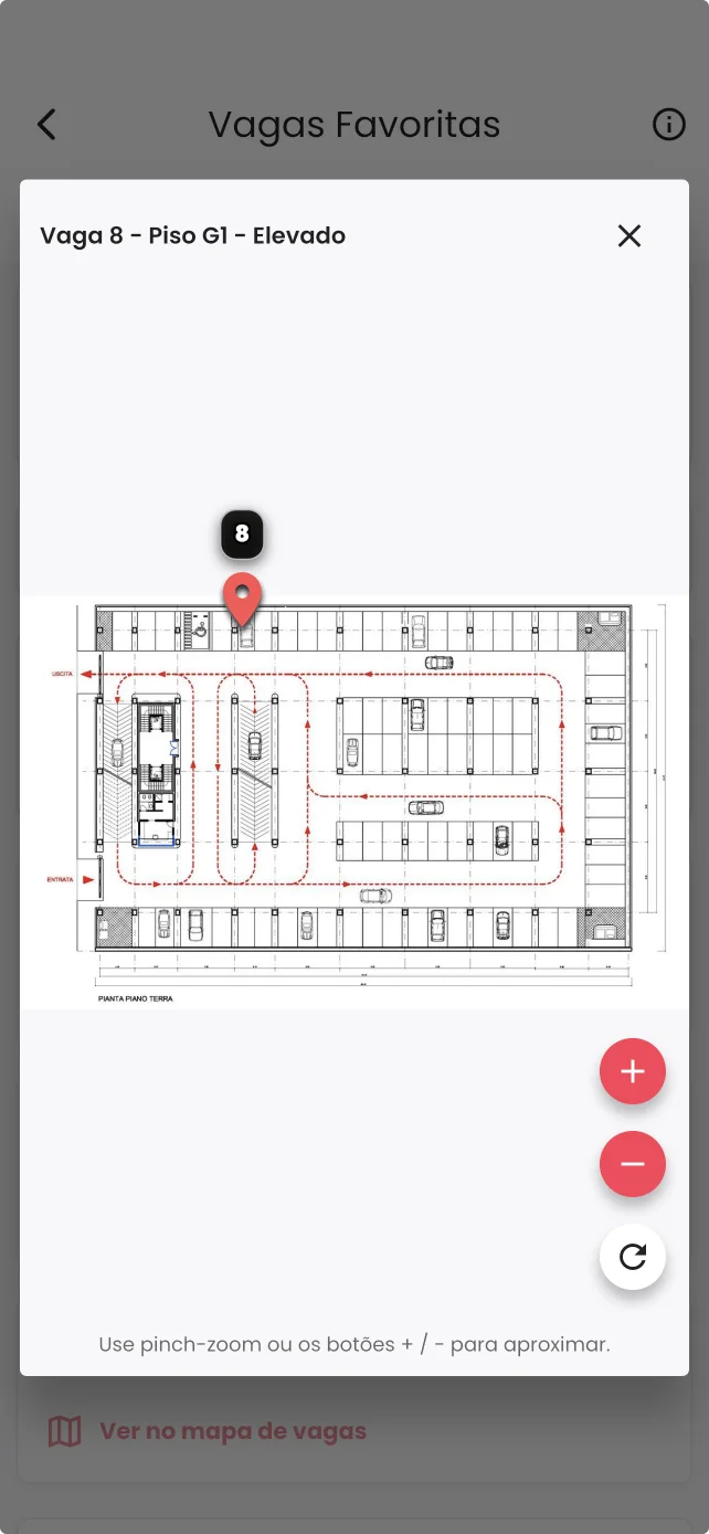 Mapa da garagem indicando a posição da vaga 8 no piso G1