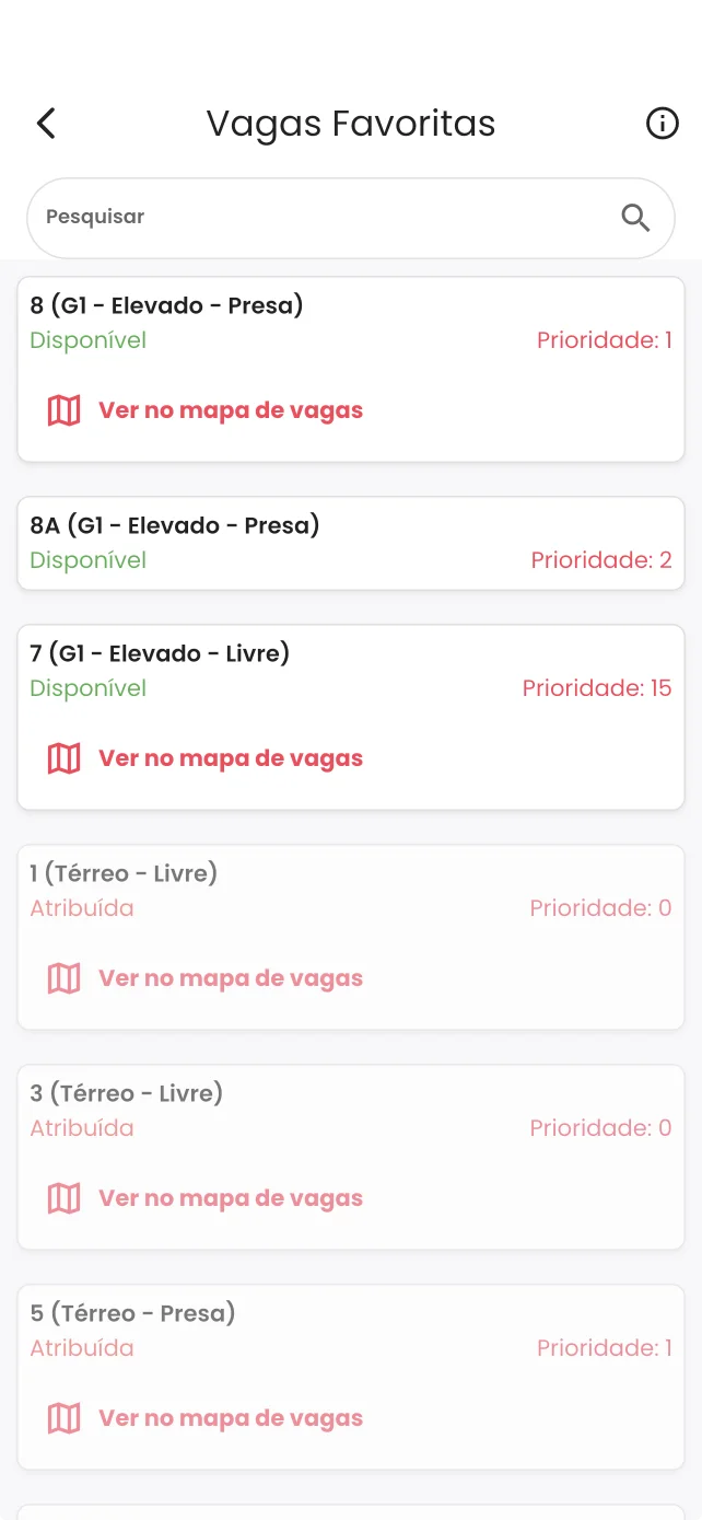 Lista de vagas favoritas, com vagas disponíveis em verde e atribuídas em vermelho