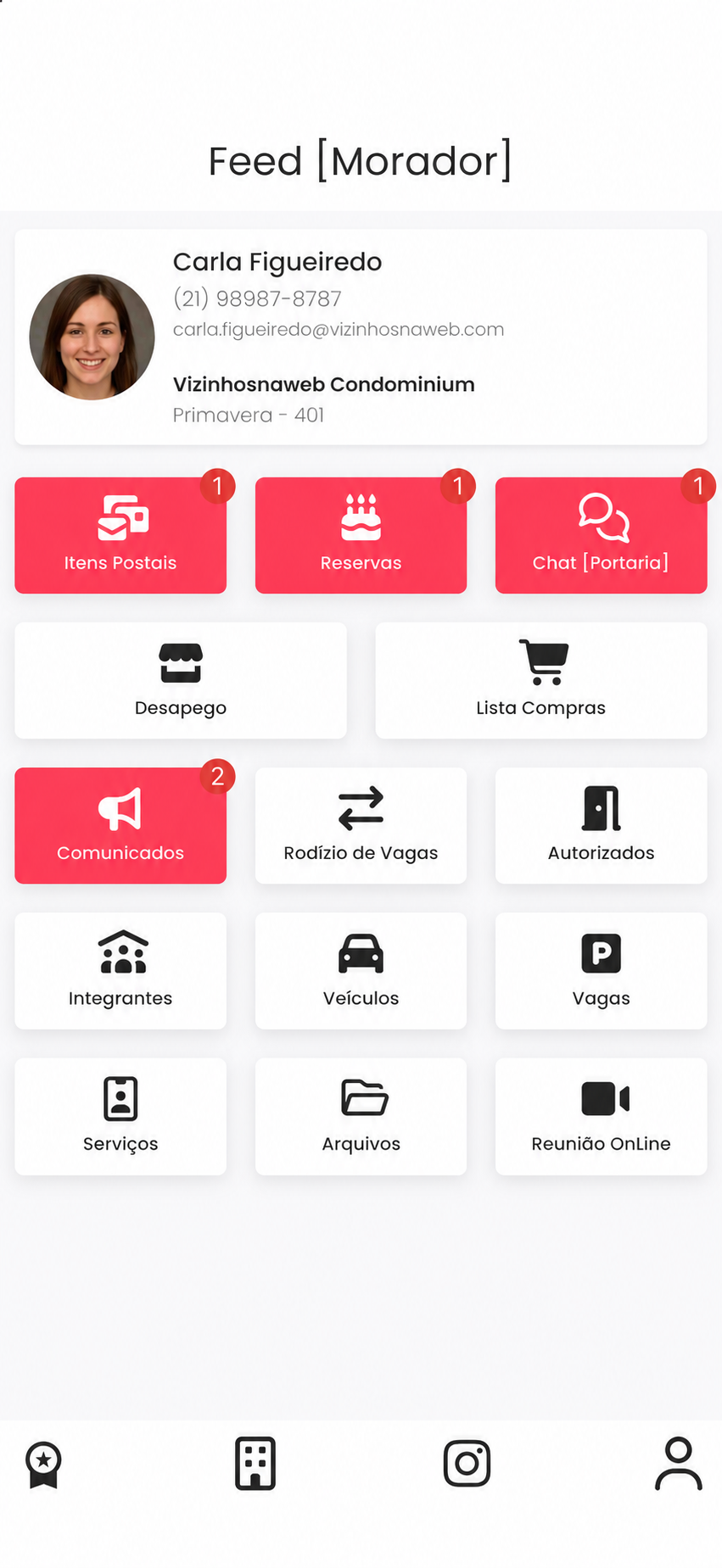 Tela real do Feed do Morador no aplicativo Vizinhosnaweb